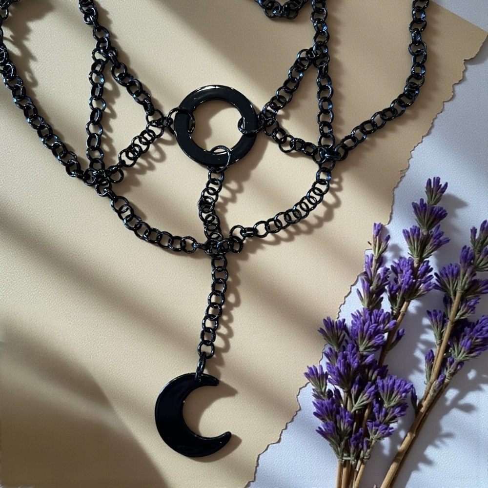 Black Layered Chain Crescent Moon Necklace